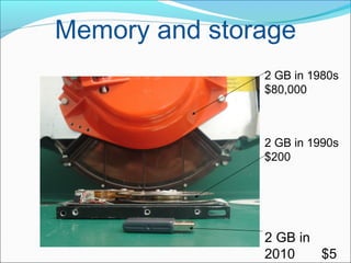 Memory and storage
2 GB in 1980s
$80,000
2 GB in 1990s
$200
2 GB in
2010 $5
 