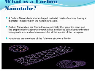 What is a Carbon
Nanotube?
A Carbon Nanotube is a tube-shaped material, made of carbon, having a
diameter measuring on the nanometre scale.
Carbon Nanotubes are formed from essentially the graphite sheet and
the graphite layer appears somewhat like a rolled-up continuous unbroken
hexagonal mesh and carbon molecules at the apexes of the hexagons.
Nanotubes are members of the fullerene structural family.
 