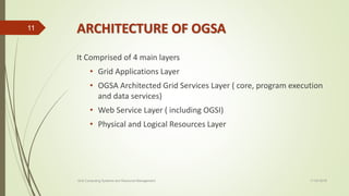 ARCHITECTURE OF OGSA
It Comprised of 4 main layers
• Grid Applications Layer
• OGSA Architected Grid Services Layer ( core, program execution
and data services)
• Web Service Layer ( including OGSI)
• Physical and Logical Resources Layer
11-03-2018Grid Computing Systems and Resource Management
11
 