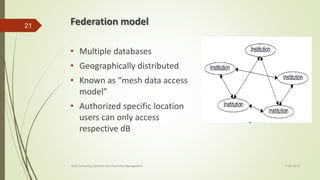 Federation model
• Multiple databases
• Geographically distributed
• Known as “mesh data access
model”
• Authorized specific location
users can only access
respective dB
11-03-2018Grid Computing Systems and Resource Management
21
 