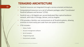 TERAGRID ARCHITECTURE
• TeraGrid resources are integrated through a service-oriented architecture.
• Computational resources run a set of software packages called "Coordinated
TeraGrid Software and Services" (CTSS).
• TeraGrid uses a 10 Gigabits per second dedicated fiber-optical backbone
network, with hubs in Chicago, Denver, and Los Angeles
• CTSS provides a familiar user environment on all TeraGrid systems, allowing
scientists to more easily port code from one system to another.
• CTSS includes:-
• Globus Toolkit
• Account management software
• Set of compilers
• Programming tools
• Environment variables
11-03-2018Grid Computing Systems and Resource Management
32
 