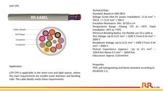 LIYY (TP)
Technical Data
Standard: Based on VDE 0812
Voltage Grade (Not for power installation) : 0.14 mm² =
350 V; >/= 0.25 mm² = 500 V
Insulation Resistance: Min. 20 GΩ x cm
Temperature Range : Flexing -5°C to +70°C. Fixed
installation -30°C to +70°C
Minimum Bending Radius: For flexible use 10 x cable ø
Test Voltage: Up to 0.25 mm² = 1200 V. From 0.34 mm² =
2000 V
Breakdown Voltage: Up to 0.25 mm² = 2400 V From 0.34
mm² = 4000 V
Mutual Capacitance (approx.) : Up to 0.5 mm² –
120nF/km Above 0.5 mm² – 160nF/km
Inductance: Approx. 0.65mH/km
Properties
•PVC self-extinguishing and flame retardant according to
EN 60332-1-2.
Application​
LiYY (TP) is applicable in the short runs and tight spaces, where
the main requirements are smaller outer diameter and bending
radii. The cable ideally meets these requirements.
 