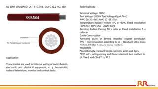 UL 1007 STANDARD: UL – STD. 758 , CSA C 22.2 NO. 210 Technical Data
Nominal Voltage: 300V
Test Voltage: 2000V Test Voltage (Spark Test)
AWG 26-20: 4kV, AWG 10 -18 : 5kV
Temperature Range: Flexible -5°C to +80°C. Fixed installation
-20°C to + 80°C CSA – AWM I A/B
Bending Radius: Flexing 10 x cable ø. Fixed installation 5 x
cable ø
Cable Construction
Annealed plain or tinned stranded copper conductor.
PVC – core insulation according to UL – Standard 1581, Class
43 Tab. 50.182, heat and damp resistant.
Properties
•Conditionally resistant to oils, solvents, acids and dyes.
•PVC self – extinguishing and flame retardant, test method to
UL VW-1 and CSA FT 1 / FT 2
Application​
These cables are used for internal wiring of switchboards,
electronic and electrical equipment, e. g. households,
radio of televisions, monitor and control desks.
 