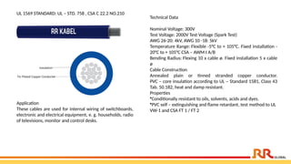 UL 1569 STANDARD: UL – STD. 758 , CSA C 22.2 NO.210
Technical Data
Nominal Voltage: 300V
Test Voltage: 2000V Test Voltage (Spark Test)
AWG 26-20: 4kV, AWG 10 -18: 5kV
Temperature Range: Flexible -5°C to + 105°C. Fixed installation -
20°C to + 105°C CSA – AWM I A/B
Bending Radius: Flexing 10 x cable ø. Fixed installation 5 x cable
ø
Cable Construction
Annealed plain or tinned stranded copper conductor.
PVC – core insulation according to UL – Standard 1581, Class 43
Tab. 50.182, heat and damp resistant.
Properties
•Conditionally resistant to oils, solvents, acids and dyes.
•PVC self – extinguishing and flame retardant, test method to UL
VW-1 and CSA FT 1 / FT 2
Application​
These cables are used for internal wiring of switchboards,
electronic and electrical equipment, e. g. households, radio
of televisions, monitor and control desks.
 