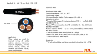 Technical Data
Nominal Voltage: 300V
Temperature Range: -20°C to + 80°C
Test Voltage: 1500V
Minimum Bending Radius: Flexing approx. 15x cable ø
Cable Construction
•Annealed Plain copper, fine wire conductors AWG 24 – 16, Table 30.3
UL 1581 ASTM – B.
•Special PVC core insulation class 43, semirigid to UL – Std. 1581 table
50.182 and 50.183.
•Colour coded to H05VV – F up to 5 cores; coloured black with numbers
for above 5 cores.
•Cores stranded in layers with optimal lay – length.
•Special PVC outer jacket class 43 to UL – Std. 1581 table 50.182.
•Outer jacket colour black or grey.
Properties
•PVC self-extinguishing and flame retardant, test method VW-1, FT 1
Application​
These cables are used for
internal wiring of public
address systems, intercoms,
internal telephones, remote
control circuits, wiring for
machine tool control circuits,
medical equipments.
Standard: UL – Std. 758; UL – Style 2576, 2598
 