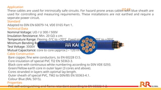 OZ-EB
Application
These cables are used for intrinsically safe circuits. For hazard prone areas cables with blue sheath are
used for controlling and measuring requirements. These installations are not earthed and require a
seperate power circuit.
Standard
Adapted to DIN EN 60079-14, VDE 0165 Part 1.
Technical Data
Nominal Voltage: UO / U 300 / 500V
Insulation Resistance: Min. 20 GΩ x cm
Temperature Range: Flexing -5°C to +70°C. Fixed installation -30°C to +70°C
Minimum Bending Radius: Flexing 15 x cable ø. Fixed installation 4 x cable ø
Test Voltage: 3000V
Mutual Capacitance: core to core (approx.) – 120 nF/km
Cable Construction
Bare copper, fine wire conductors, to EN 60228 Cl.5.
Core insulation of special PVC TI2 EN 50363-3.
Black core with continuous white numbering according to DIN VDE 0293.
Green/Yellow earth core in outer layer (3 cores and above).
Cores stranded in layers with optimal lay-length.
Outer sheath of special PVC, TM2 to DIN/BS EN 50363-4.1.
Colour Blue (RAL 5015).
Properties
PVC self-extinguishing and flame retardant according to EN 60332-1-2.
 