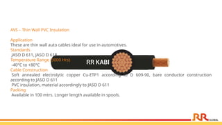 AVS – Thin Wall PVC Insulation
Application
These are thin wall auto cables ideal for use in automotives.
Standards
JASO D 611, JASO D 618
Temperature Range (3000 Hrs)
-40°C to +80°C
Cable Construction
Soft annealed electrolytic copper Cu-ETP1 according to D 609-90, bare conductor construction
according to JASO D 611
PVC insulation, material accordingly to JASO D 611
Packing
Available in 100 mtrs. Longer length available in spools.
 