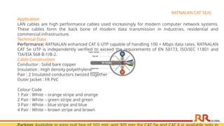 RATNALAN CAT 5E/6
Application
LAN cables are high performance cables used increasingly for modern computer network systems.
These cables form the back bone of modern data transmission in industries, residential and
commercial infrastructure.
Technical Data
Performance: RATNALAN enhanced CAT 6 UTP capable of handling 100 + Mbps data rates. RATNALAN
CAT 5e UTP is independently verified to exceed the requirements of EN 50173, ISO/IEC 11801 and
TIA/EIA 568-B-1/B-2.
Cable Construction
Conductor : Solid bare copper
Insulation : High density polyethylene
Pair : 2 Insulated conductors twisted together
Outer Jacket : FR PVC
Colour Code
1 Pair : White – orange stripe and orange
2 Pair : White – green stripe and green
3 Pair : White – blue stripe and blue
4 Pair : White – brown stripe and brown
 