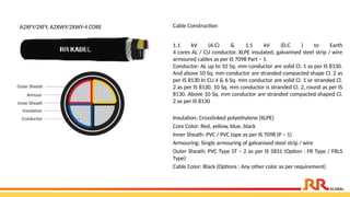 A2XFY/2XFY, A2XWY/2XWY-4 CORE Cable Construction
1.1 kV (A.C) & 1.5 kV (D.C ) to Earth
4 cores AL / CU conductor, XLPE insulated, galvanised steel strip / wire
armoured cables as per IS 7098 Part – 1.
Conductor: AL up to 10 Sq. mm conductor are solid Cl. 1 as per IS 8130.
And above 10 Sq. mm conductor are stranded compacted shape Cl. 2 as
per IS 8130 In CU 4 & 6 Sq. mm conductor are solid Cl. 1 or stranded Cl.
2 as per IS 8130. 10 Sq. mm conductor is stranded Cl. 2, round as per IS
8130. Above 10 Sq. mm conductor are stranded compacted shaped Cl.
2 as per IS 8130
Insulation: Crosslinked polyethylene (XLPE)
Core Color: Red, yellow, blue, black
Inner Sheath: PVC / PVC tape as per IS 7098 (P – 1)
Armouring: Single armouring of galvanised steel strip / wire
Outer Sheath: PVC Type ST – 2 as per IS 5831 (Option : FR Type / FRLS
Type)
Cable Color: Black (Options : Any other color as per requirement)
 