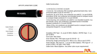 AYFY/YFY, AYWY/YWY-2 CORE
Cable Construction
1.1 kV (A.C) & 1.5 kV (D.C ) to Earth
2 cores AL / CU conductor, PVC insulated, galvanised steel strip / wire
armoured cables as per IS 1554 Part – 1.
Conductor: AL up to 10 Sq. mm conductor are solid Cl. 1 as per IS 8130.
And above 10 Sq. mm conductor are stranded round or compact round
or compact shape conductor Cl. 2 as per IS 8130
In CU 4 & 6 Sq. mm conductor are solid Cl. 1 or stranded round Cl. 2 as
per IS 8130. 10 Sq. mm conductor is stranded round or stranded
compact conductor Cl. 2 as per IS 8130
Above 10 Sq. mm conductor are stranded round or compact round or
compacted shaped Cl. 2 as per IS 8130.
Insulation: PVC Type – A, as per IS 5831. (Option : HR PVC Type – C, as
per IS 5831)
Core Color: Red, black
Inner Sheath: PVC / PVC tape as per IS 1554 (P – 1)
Armouring: Single armouring of G.I. Wire or G.I. Strip as per IS 3975
Outer Sheath : PVC Type ST – 1 as per IS 5831 (Option : PVC Type ST – 2
as per IS 5831 / FR Type / FRLS Type)
Cable Color: Black (Options : Any other color as per requirement)
 