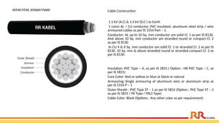 AYFAY/YFAY, AYWAY/YWAY Cable Construction
1.1 kV (A.C) & 1.5 kV (D.C ) to Earth
1 cores AL / CU conductor, PVC insulated, aluminum steel strip / wire
armoured cables as per IS 1554 Part – 1.
Conductor: AL up to 10 Sq. mm conductor are solid Cl. 1 as per IS 8130.
And above 10 Sq. mm conductor are stranded round or compact Cl. 2
as per IS 8130
In CU 4 & 6 Sq. mm conductor are solid Cl. 1 or stranded Cl. 2 as per IS
8130. 10 Sq. mm & above stranded round or stranded compact Cl. 2 as
per IS 8130
Insulation: PVC Type – A, as per IS 5831.( Option : HR PVC Type – C, as
per IS 5831)
Core Color: Red or yellow or blue or black or natural
Armouring: Single armouring of aluminum wire or aluminum strip as
per IS 1554 P – 1
Outer Sheath : PVC Type ST – 1 as per IS 5831 (Option : PVC Type ST – 2
as per IS 5831 / FR Type / FRLS Type)
Cable Color: Black (Options : Any other color as per requirement)
 