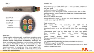 JB-YCY Technical Data
Nominal Voltage: Uo / U 300 / 500V up to 1.5 mm². Uo / U 450 / 750V for 2.5
mm² and above
Insulation Resistance: Min. 20 GΩ x cm
Temperature Range: Flexing -5°C to +70°C. Fixed installation -30°C to +70°C
Minimum Bending Radius: Flexing 20 x cable ø. Fixed installation 6 x cable ø
Test Voltage: 4000V
Breakdown Voltage: Min. 8000V
Mutual Capacitance (0.5 to 2.5 Sq. mm): core to core (approx.) – 150 nF/km
core to screen (approx.) – 270 nF/km
Cable Construction
Bare copper, fine wire conductors, EN 60228 Cl. 5.
Core insulation of TI2, EN 50363-3.
Core identification : As per VDE 0293-302/HD 308 S2 (Refer appendix table
No. 1-1)
Green/yellow earth core in outer layer (3 cores and above).
Cores stranded in layers with optimal lay-length.
Special PVC inner jacket.
Tinned copper, braided screen, approx 85% coverage.
Transparent special PVC outer sheath.
Properties
PVC self-extinguishing and flame retardant according to EN 60332-1-2.
EMC: Electromagnetic compatibility
To optimise the EMC features we recommend a large round contact of the
copper braiding on both ends.
Application​
For use as a data and control cable in machinery, computer systems
etc. as well as a signal cable for electronics. The high level of
screening ensures a high degree of interference protection. The
dense screening assures disturbance-free transmission of all signals
and impulses. The PVC-inner sheaths of these cables raise the
mechanical strength. The applied clear transparent PVC outer
sheath accentuates the optical view of the tinned copper braid.
These cables are suitable for flexible use for medium mechanical
stresses with free movements.
 
