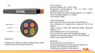 JB-H Technical Data
Nominal Voltage: UO / U 450 / 750V
Temperature Range: Flexing -15°C to +70°C. Fixed
installation -30°C to +70°C
Minimum Bending Radius: Flexing approx. 15 x cable ø.
Fixed installation approx. 4 x cable ø
Test Voltage: 3000V
Cable Construction
Bare copper, fine wire conductors, to EN 60228 Cl. 5.
Core insulation of halogen-free compound TI6 to EN
50363-7.
Colour coded to DIN VDE 0293-308 (Refer Appendix
Table No. 1-1).
Green/Yellow earth core in outer layer.
Cores stranded in layers with optimal lay-length.
Halogen-Free sheath compound TM7, to EN 50363-8.
Sheath colour grey (RAL 7001).
Properties
Flame retardant to IEC 60332-1-2.
No flame propagation according to IEC 60332-3-24
Halogen free according to IEC 60754-1.
Corrosive gas evolution to IEC 60754-2.
Application​
Halogen-free cables for airports railway station, plant
engineering and Industrial machinery​
​
 