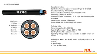 Cable Construction
Conductor: Annealed copper wires according to BS EN 60228
Insulation: Polyvinyl chloride PVC
Colour Code: Black, continuously numbered in white
Wrapping: 1 layer of PETP tape
Collective Screen: Aluminium / PETP tape over tinned copper
drain wire
Cable Sheath: Polyvinyl chloride PVC
Colour: Black. Blue for intrinsically safe system
Technical Data
Flame Propagation: EN 60332-1-2
Operating Temperature Range: -30°C to +70°C
Bending Radius: 7.5 x cable diameter
Operating Voltage: 500V *Also available in 300V variant on
request.
Marking: RR KABEL RE-2X(St)Y nxmxa 500V EN50288-7 CE +
0001m
c: No. of cores
a: Cross sectional area
RE-Y(ST)Y – MULTICORE
 