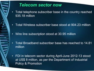 Telecom sector now
• Total telephone subscriber base in the country reached
935.18 million
• Total Wireless subscriber base stood at 904.23 million
• Wire line subscription stood at 30.95 million
• Total Broadband subscriber base has reached to 14.81
million
• FDI in telecom sector during April-June 2012-13 stood
at US$ 8 million, as per the Department of Industrial
Policy & Promotion
 