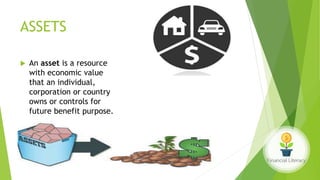 ASSETS
 An asset is a resource
with economic value
that an individual,
corporation or country
owns or controls for
future benefit purpose.
 