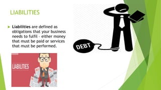 LIABILITIES
 Liabilities are defined as
obligations that your business
needs to fulfil – either money
that must be paid or services
that must be performed.
 