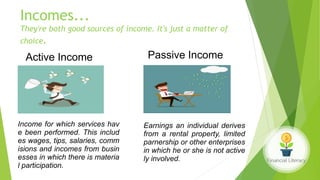 Incomes...
They're both good sources of income. It's just a matter of
choice.
Active Income Passive Income
Income for which services hav
e been performed. This includ
es wages, tips, salaries, comm
isions and incomes from busin
esses in which there is materia
l participation.
Earnings an individual derives
from a rental property, limited
parnership or other enterprises
in which he or she is not active
ly involved.
 