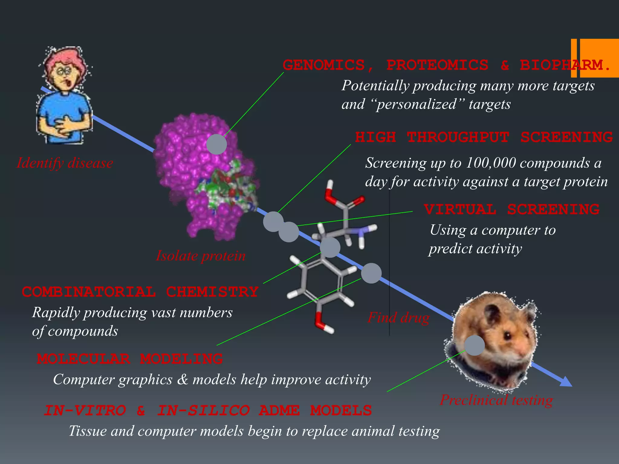 Identify disease
Isolate protein
Find drug
Preclinical testing
GENOMICS, PROTEOMICS & BIOPHARM.
HIGH THROUGHPUT SCREENING
MOLECULAR MODELING
VIRTUAL SCREENING
COMBINATORIAL CHEMISTRY
IN-VITRO & IN-SILICO ADME MODELS
Potentially producing many more targets
and “personalized” targets
Screening up to 100,000 compounds a
day for activity against a target protein
Using a computer to
predict activity
Rapidly producing vast numbers
of compounds
Computer graphics & models help improve activity
Tissue and computer models begin to replace animal testing
 