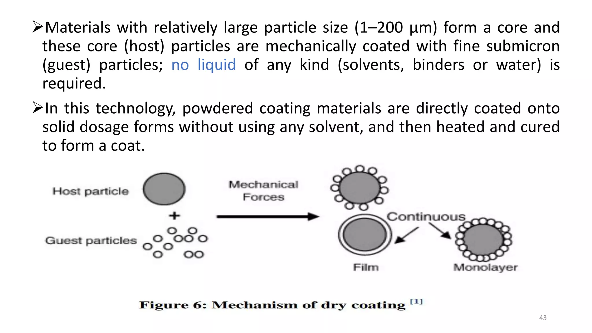 Materials with relatively large particle size (1–200 μm) form a core and
these core (host) particles are mechanically coated with fine submicron
(guest) particles; no liquid of any kind (solvents, binders or water) is
required.
In this technology, powdered coating materials are directly coated onto
solid dosage forms without using any solvent, and then heated and cured
to form a coat.
43
 