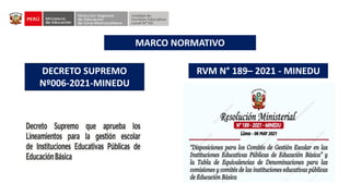 RVM N° 189– 2021 - MINEDU
MARCO NORMATIVO
DECRETO SUPREMO
Nº006-2021-MINEDU
 