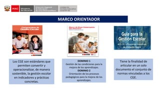 MARCO ORIENTADOR
DOMINIO 1
Gestión de las condiciones para la
mejora de los aprendizajes.
DOMINIO 2
Orientación de los procesos
pedagógicos para la mejora de los
aprendizajes.
Los CGE son estándares que
permiten convertir y
operacionalizar, de manera
sostenible, la gestión escolar
en indicadores y prácticas
concretas.
Tiene la finalidad de
articular en un solo
documento el conjunto de
normas vinculadas a los
CGE.
 