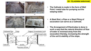 • The Cathode is made in the form of Well
Point / metal tube for pumping out the
seeping water.
• A Steel Rod, a Pipe or a Steel Piling of
excavation can serve as a Cathode.
• The Arrangement of Electrodes is done in
such a way that the natural direction of flow
of water is reversed away from the
excavation thereby, increasing the strength
of the soil & stability of the slope.
BY- TEJASWINI NARAYANE
 