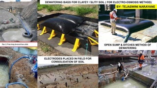 DEWATERING BAGS FOR CLAYEY / SLITY SOIL ( FOR ELECTRO-OSMOSIS METHOD)
ELECTRODES PLACED IN FIELD FOR
CONSOLIDATION OF SOIL
OPEN SUMP & DITCHES METHOD OF
DEWATERING
BY- TEJASWINI NARAYANE
 