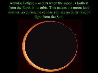 Annular Eclipse – occurs when the moon is farthest
from the Earth in its orbit. This makes the moon look
smaller, so during the eclipse you see an outer ring of
light from the Sun.
 