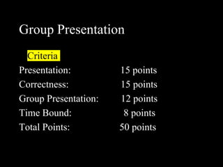 Group Presentation
• Criteria
Presentation: 15 points
Correctness: 15 points
Group Presentation: 12 points
Time Bound: 8 points
Total Points: 50 points
 