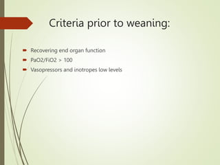 Criteria prior to weaning:
 Recovering end organ function
 PaO2/FiO2 > 100
 Vasopressors and inotropes low levels
 