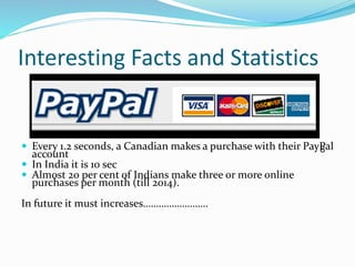 Interesting Facts and Statistics
 Every 1.2 seconds, a Canadian makes a purchase with their PayPal
account
 In India it is 10 sec
 Almost 20 per cent of Indians make three or more online
purchases per month (till 2014).
In future it must increases…………………….
8
 