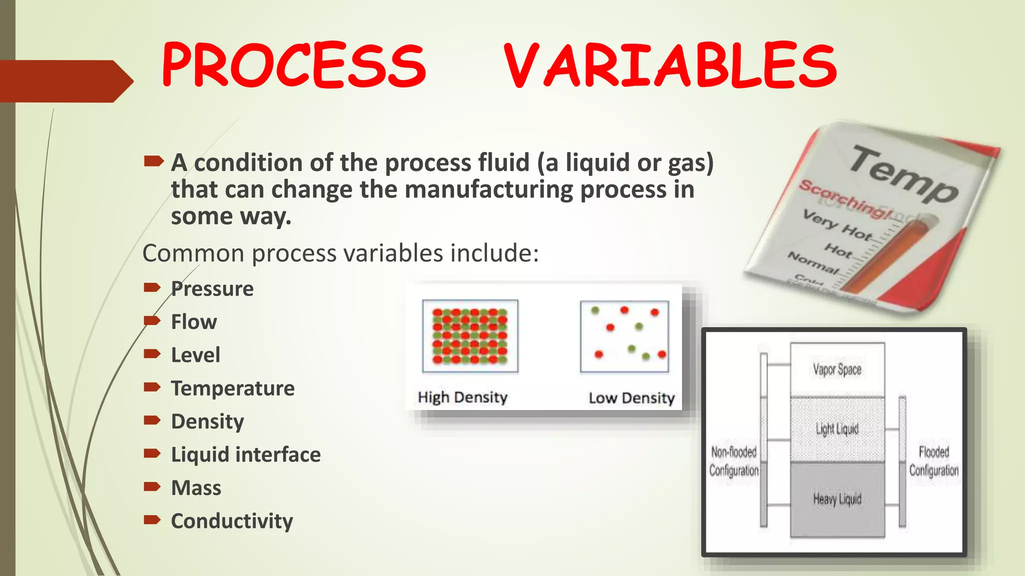 PROCESS VARIABLES
A condition of the process fluid (a liquid or gas)
that can change the manufacturing process in
some way.
Common process variables include:
 Pressure
 Flow
 Level
 Temperature
 Density
 Liquid interface
 Mass
 Conductivity
 