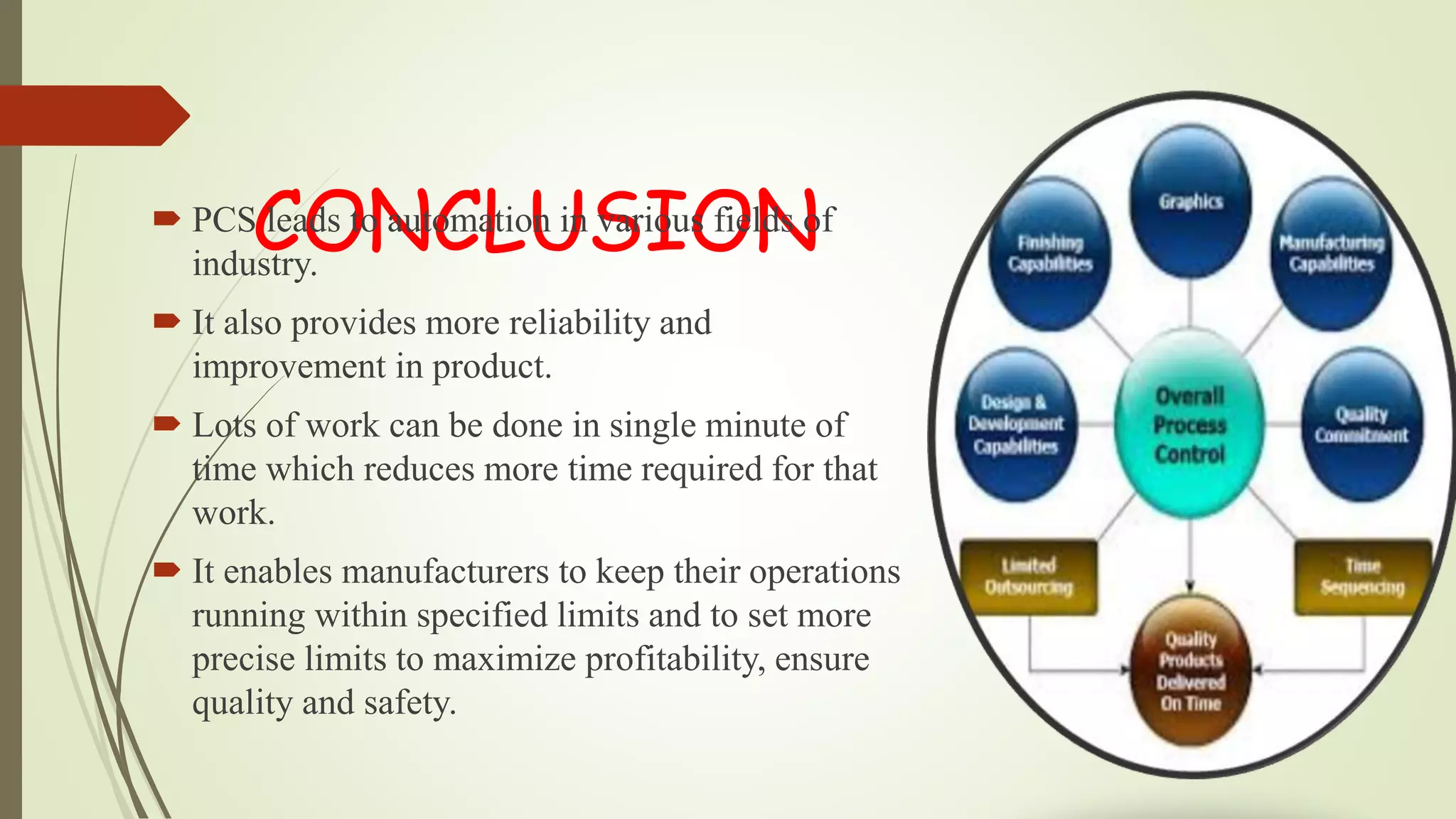 CONCLUSION PCS leads to automation in various fields of
industry.
 It also provides more reliability and
improvement in product.
 Lots of work can be done in single minute of
time which reduces more time required for that
work.
 It enables manufacturers to keep their operations
running within specified limits and to set more
precise limits to maximize profitability, ensure
quality and safety.
 