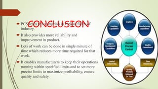 CONCLUSION PCS leads to automation in various fields of
industry.
 It also provides more reliability and
improvement in product.
 Lots of work can be done in single minute of
time which reduces more time required for that
work.
 It enables manufacturers to keep their operations
running within specified limits and to set more
precise limits to maximize profitability, ensure
quality and safety.
 