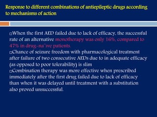 Response to different combinations of antiepileptic drugs according
to mechanisms of action
When the first AED failed due to lack of efficacy, the successful
rate of an alternative monotherapy was only 16%, compared to
47% in drug-na¨ıve patients.
Chance of seizure freedom with pharmacological treatment
after failure of two consecutive AEDs due to in adequate efficacy
(as opposed to poor tolerability) is slim
Combination therapy was more effective when prescribed
immediately after the first drug failed due to lack of efficacy
than when it was delayed until treatment with a substitution
also proved unsuccessful.
 