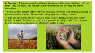 • 2) Farmers :- This group consist of villagers who carry out farming activities in their own
lands. They sow seeds, and harvest crops by themselves and also reap the profits
themselves.
• However, eighty percent of these farmers also have very small land holdings and need to
depend on other sources of income like having a poultry or dairy business.
• To earn enough money to barely survive, these farmers borrow money from money
lenders for seeds, fertilisers, etc., and are at great risk of being in debt. This is why we
hear of so many unfortunate news of farmer suicides in India.
 