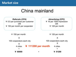 China mainland
Referrals (CPA)
￥ 0.5 per purchase per customer
OR
￥ 150 per month per cooperator
Advertising (CPC)
￥ 16 pe...