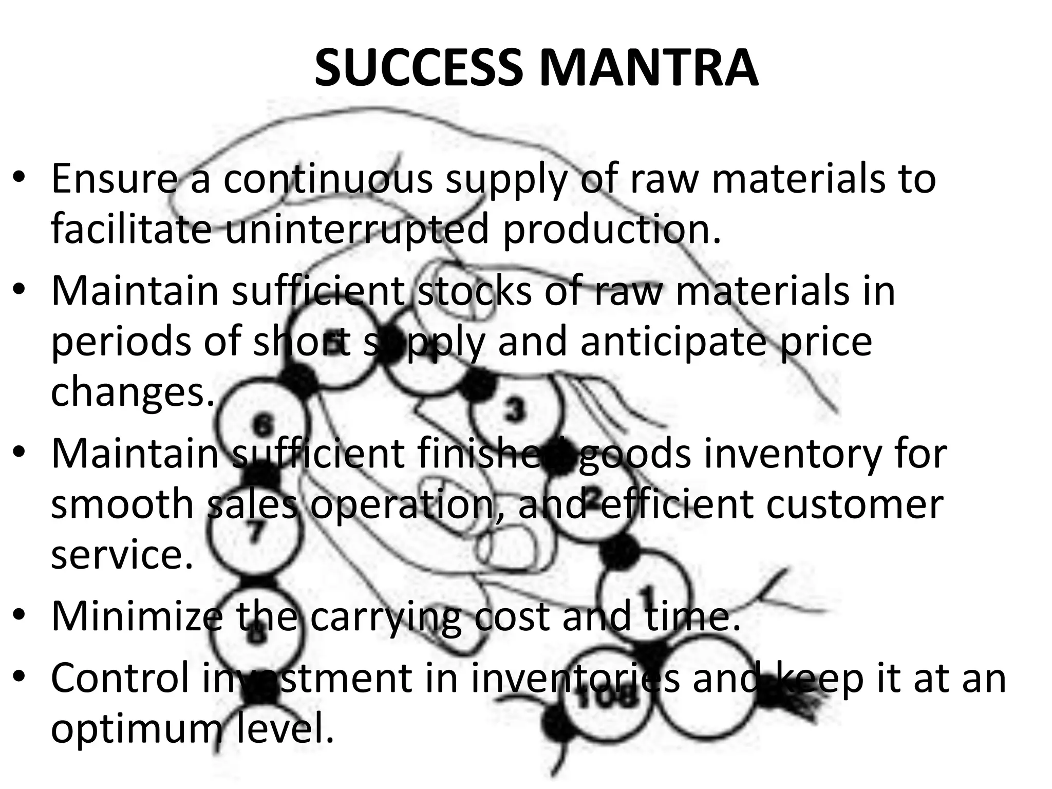 SUCCESS MANTRA
• Ensure a continuous supply of raw materials to
facilitate uninterrupted production.
• Maintain sufficient stocks of raw materials in
periods of short supply and anticipate price
changes.
• Maintain sufficient finished goods inventory for
smooth sales operation, and efficient customer
service.
• Minimize the carrying cost and time.
• Control investment in inventories and keep it at an
optimum level.

 