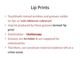 Lip Prints
• Tsuchihashi named wrinkles and grooves visible
on lips as 'sulci labiorum rubrorum’
• Imprint produced by these grooves termed 'lip
print’
• Examination - 'cheiloscopy'
• Grooves are heritable & are supposed be
individualistic
• Therefore, can constitute material evidence left at a
crime scene
 