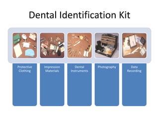 Dental Identification Kit
Protective
Clothing
Impression
Materials
Dental
Instruments
Photography Data
Recording
 