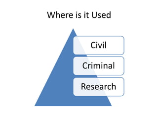 Where is it Used
Civil
Criminal
Research
 