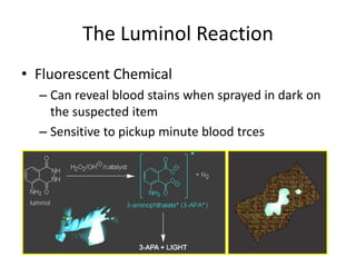 The Luminol Reaction
• Fluorescent Chemical
– Can reveal blood stains when sprayed in dark on
the suspected item
– Sensitive to pickup minute blood trces
 