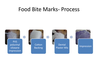 Food Bite Marks- Process
PVS
polyvinyl
siloxane
impression
Cotton
Backing
Dental
Plaster Mix
Impression
 