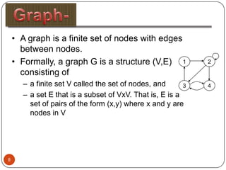 • A graph is a finite set of nodes with edges
      between nodes.
    • Formally, a graph G is a structure (V,E) 1             2

      consisting of
      – a finite set V called the set of nodes, and      3   4
      – a set E that is a subset of VxV. That is, E is a
        set of pairs of the form (x,y) where x and y are
        nodes in V




8
 