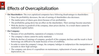 Effects of Overcapitalization
• On Shareholders- The over capitalized companies have following disadvantages to shareholders:
• Since the profitability decreases, the rate of earning of shareholders also decreases.
• The market price of shares goes down because of low profitability.
• The profitability going down has an effect on the shareholders. Their earnings become uncertain.
• With the decline in goodwill of the company, share prices decline. As a result shares cannot be
marketed in capital market.
• On Company-
• Because of low profitability, reputation of company is lowered.
• The company’s shares cannot be easily marketed.
• With the decline of earnings of company, goodwill of the company declines and the result is fresh
borrowings are difficult to be made because of loss of credibility.
• In order to retain the company’s image, the company indulges in malpractices like manipulation of
accounts to show high earnings.
• The company cuts down it’s expenditure on maintenance, replacement of assets, adequate
depreciation, etc.
 