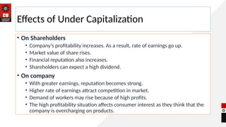 Effects of Under Capitalization
• On Shareholders
• Company’s profitability increases. As a result, rate of earnings go up.
• Market value of share rises.
• Financial reputation also increases.
• Shareholders can expect a high dividend.
• On company
• With greater earnings, reputation becomes strong.
• Higher rate of earnings attract competition in market.
• Demand of workers may rise because of high profits.
• The high profitability situation affects consumer interest as they think that the
company is overcharging on products.
 