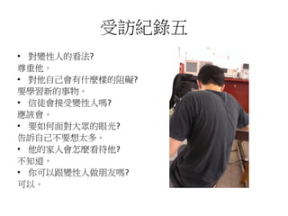 受訪紀錄五
• 對變性人的看法?
尊重他。
• 對他自己會有什麼樣的阻礙?
要學習新的事物。
• 信徒會接受變性人嗎?
應該會。
• 要如何面對大眾的眼光?
告訴自己不要想太多。
• 他的家人會怎麼看待他?
不知道。
• 你可以跟變性人做朋友嗎?
可以。
 