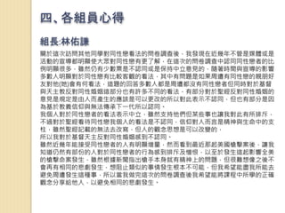 四、各組員心得
組長:林佑謙
關於這次訪問其他同學對同性戀看法的問卷調查後，我發現在近幾年不管是媒體或是
活動的宣導都明顯使大眾對同性戀有更了解，在這次的問卷調查中認同同性戀者的比
例明顯很多，雖然仍有少數票是不認同或是保持中立意見的，隨著時間與宣導的影響
多數人明顯對於同性戀有比較客觀的看法，其中有問題是如果周遭有同性戀的親朋好
友對他(她)會有何看法，這題的回答多數人都是周遭都沒有同性戀者但同時對於基督
與天主教反對同性婚姻這部分也有許多不同的看法，有部分對於聖經反對同性婚姻的
意見是規定是由人而產生的應該是可以更改的所以對此表示不認同，但也有部分是因
為基於教義信仰與無法傳承下一代所以認同。
我個人對於同性戀者的看法表示中立，雖然支持他們但某些事也讓我對此有所排斥，
不過對於聖經看待同性戀我個人的看法是不認同，信仰對人而言是精神與生命中的支
柱，雖然聖經記載的無法去改寫，但人的觀念思想是可以改變的，
所以我對於基督天主反對同性婚姻感到不認同。
雖然近幾年能接受同性戀者的人有明顯增量，然而看到最近那起美國槍擊案後，讓我
知道仍然有部份的人對於同性戀者的行為感到排斥及憎恨，以至於發生這起影響全美
的槍擊命案發生，雖然根據新聞指出槍手本身就有精神上的問題，但很難想像之後不
會再有相同的悲劇發生，想阻止類似的事情發生根本不可能，但我希望能盡我所能去
避免周遭發生這種事，所以當我做完這次的問卷調查後我希望能將課程中所學的正確
觀念分享給他人，以避免相同的悲劇發生。
 