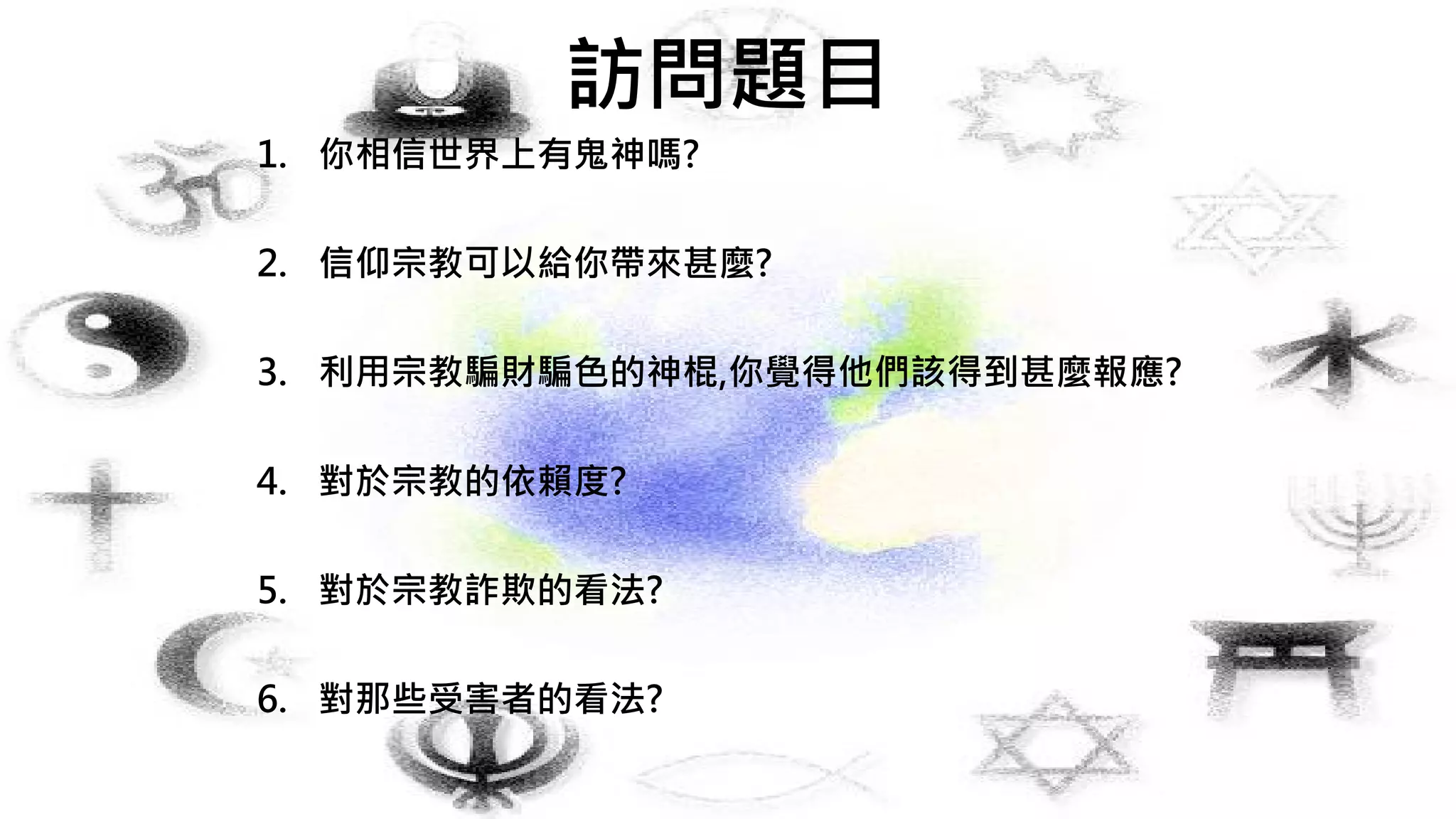 訪問題目
1. 你相信世界上有鬼神嗎?
2. 信仰宗教可以給你帶來甚麼?
3. 利用宗教騙財騙色的神棍,你覺得他們該得到甚麼報應?
4. 對於宗教的依賴度?
5. 對於宗教詐欺的看法?
6. 對那些受害者的看法?
 
